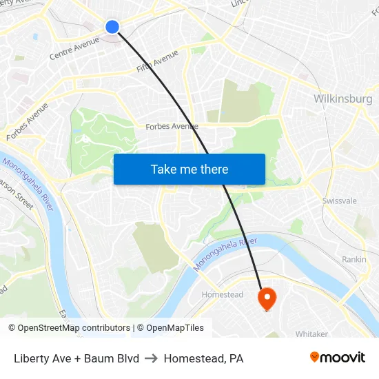Liberty Ave + Baum Blvd to Homestead, PA map