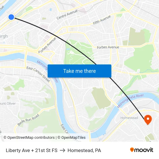 Liberty Ave + 21st St FS to Homestead, PA map
