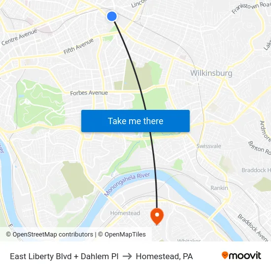 East Liberty Blvd + Dahlem Pl to Homestead, PA map
