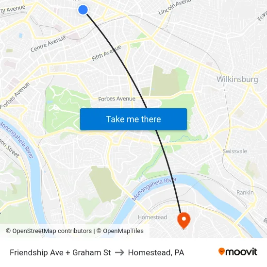 Friendship Ave + Graham St to Homestead, PA map