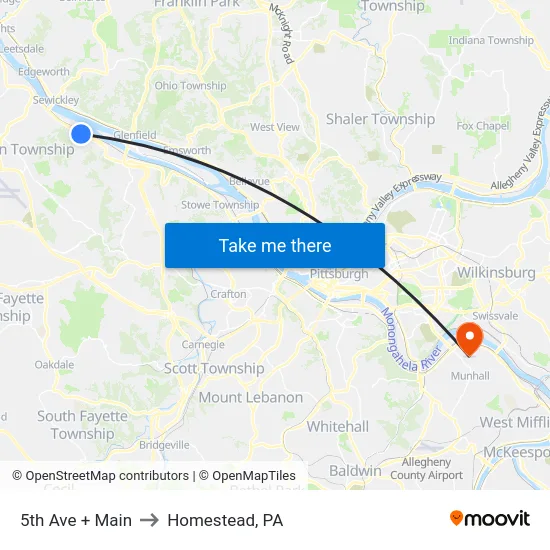 5th Ave + Main to Homestead, PA map