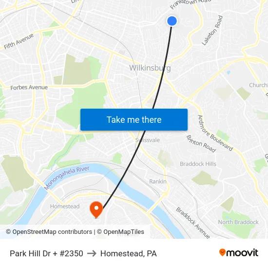Park Hill Dr + #2350 to Homestead, PA map