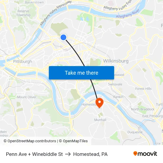 Penn Ave + Winebiddle St to Homestead, PA map