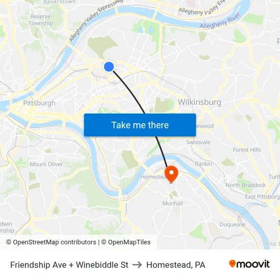Friendship Ave + Winebiddle St to Homestead, PA map