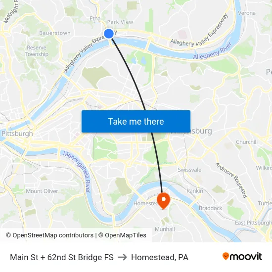 Main St + 62nd St Bridge FS to Homestead, PA map