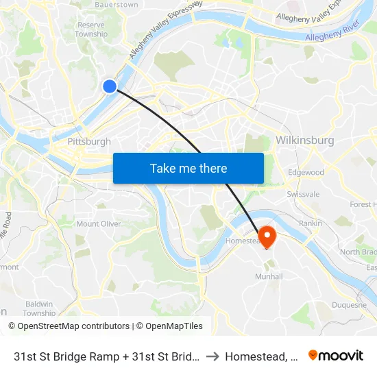31st St Bridge Ramp + 31st St Bridge to Homestead, PA map