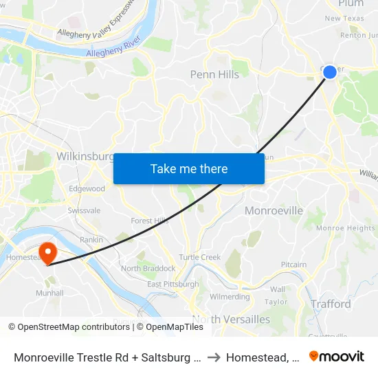 Monroeville Trestle Rd + Saltsburg Rd to Homestead, PA map