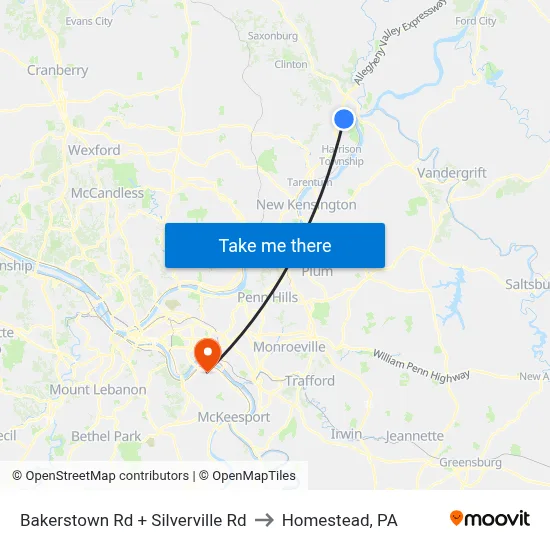 Bakerstown Rd + Silverville Rd to Homestead, PA map
