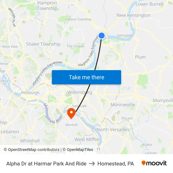 Alpha Dr at Harmar Park And Ride to Homestead, PA map