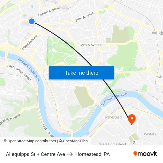 Allequippa St + Centre Ave to Homestead, PA map