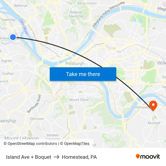 Island Ave + Boquet to Homestead, PA map