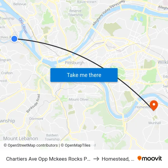 Chartiers Ave Opp Mckees Rocks Plaza to Homestead, PA map