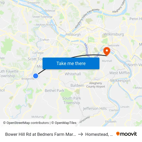 Bower Hill Rd at Bedners Farm Market to Homestead, PA map
