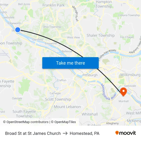 Broad St at St James Church to Homestead, PA map