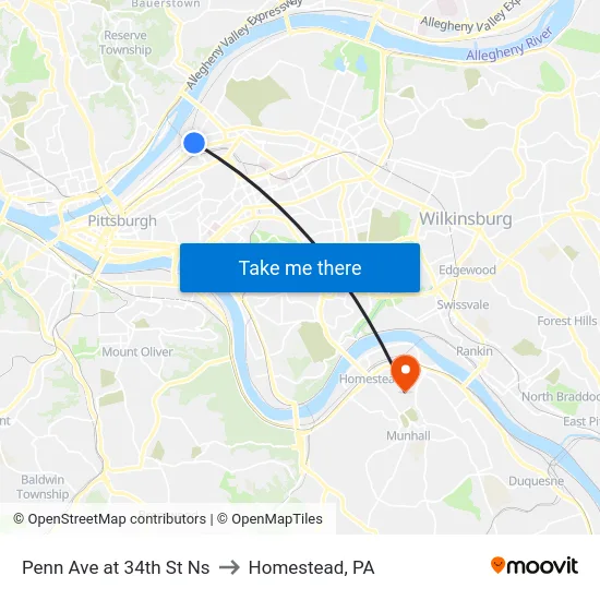 Penn Ave at 34th St Ns to Homestead, PA map