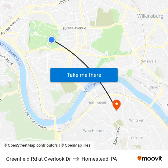 Greenfield Rd at Overlook Dr to Homestead, PA map