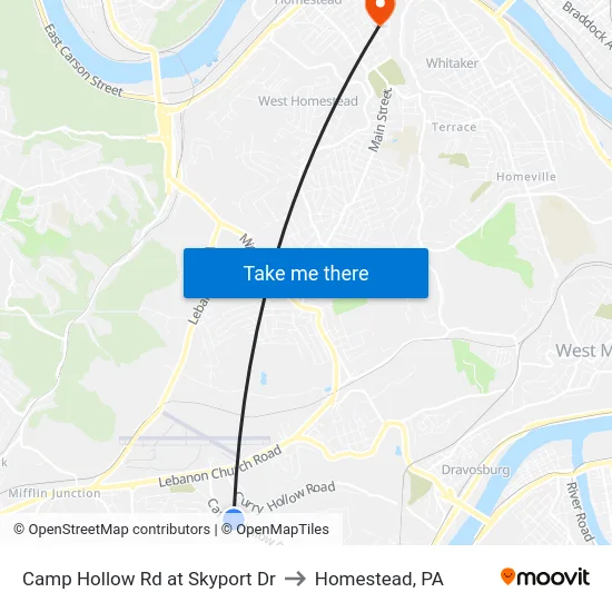 Camp Hollow Rd at Skyport Dr to Homestead, PA map