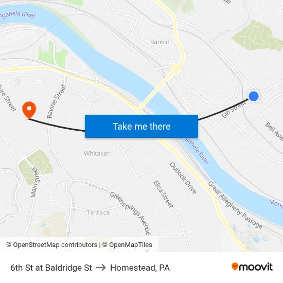 6th St at Baldridge St to Homestead, PA map