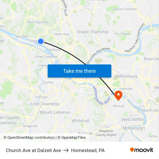 Church Ave at Dalzell Ave to Homestead, PA map