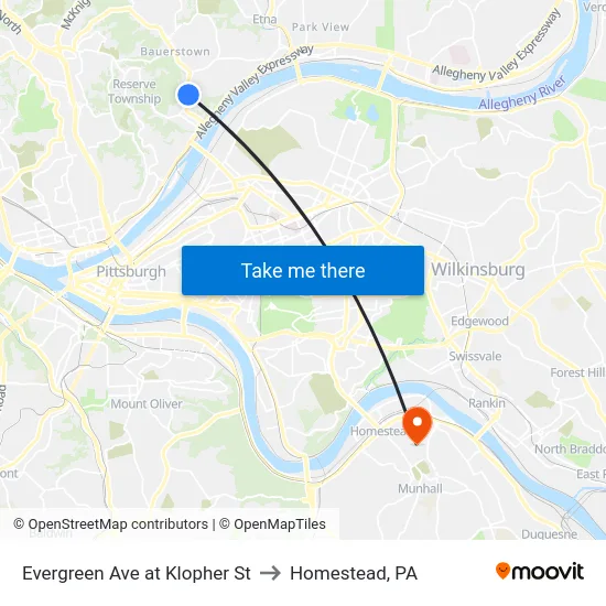 Evergreen Ave at Klopher St to Homestead, PA map