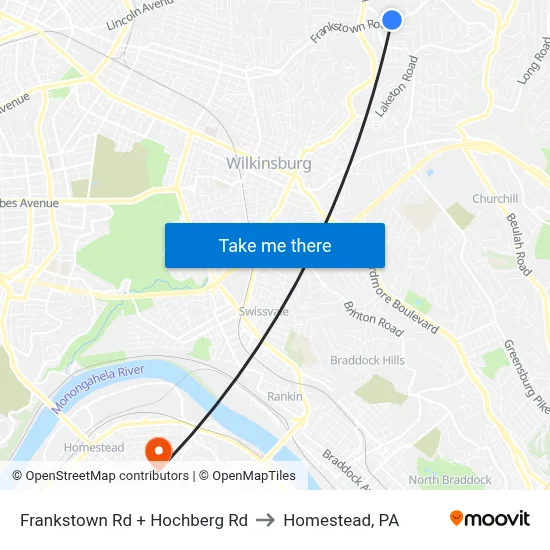 Frankstown Rd + Hochberg Rd to Homestead, PA map