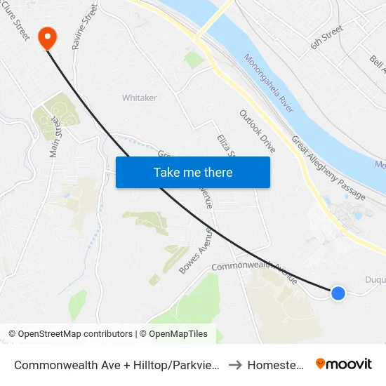 Commonwealth Ave + Hilltop/Parkview Manor Apts to Homestead, PA map