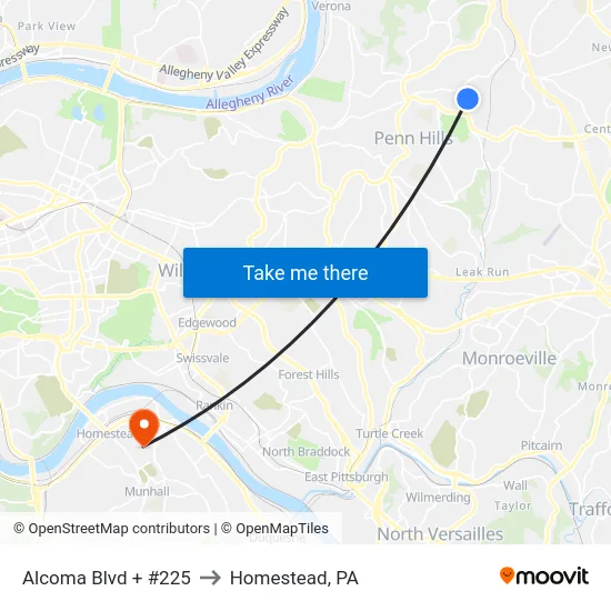 Alcoma Blvd + #225 to Homestead, PA map