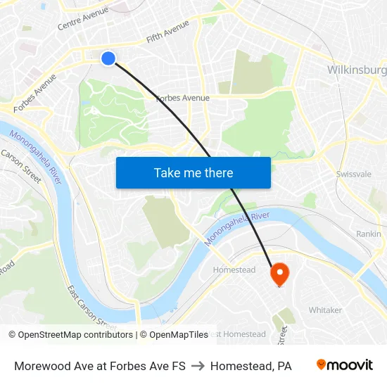 Morewood Ave at Forbes Ave FS to Homestead, PA map