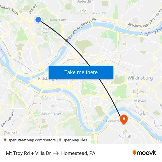 Mt Troy Rd + Villa Dr to Homestead, PA map