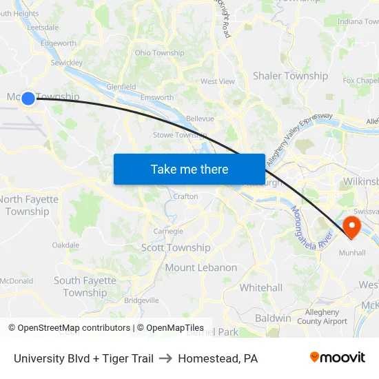 University Blvd + Tiger Trail to Homestead, PA map