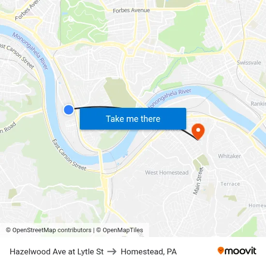 Hazelwood Ave at Lytle St to Homestead, PA map