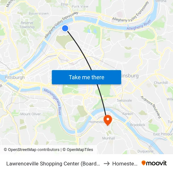 Lawrenceville Shopping Center (Boarding Stop-Shelter) to Homestead, PA map