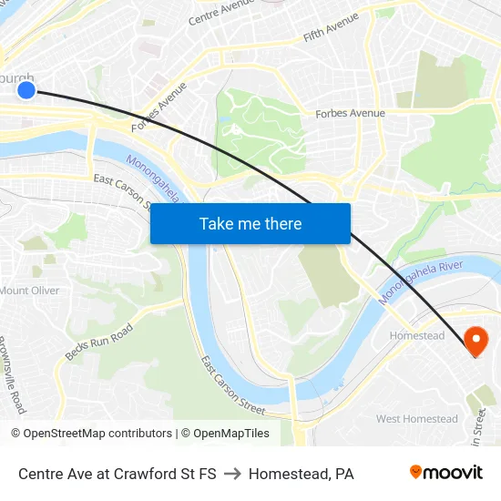 Centre Ave at Crawford St FS to Homestead, PA map