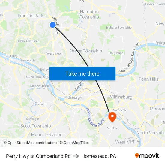 Perry Hwy at Cumberland Rd to Homestead, PA map