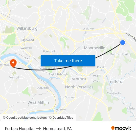 Forbes Hospital to Homestead, PA map