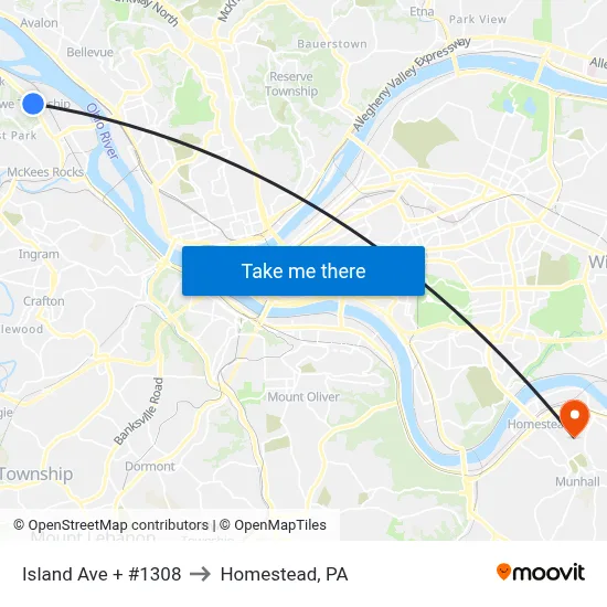 Island Ave + #1308 to Homestead, PA map
