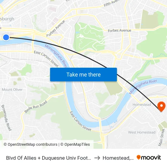 Blvd Of Allies + Duquesne Univ Footbridge to Homestead, PA map