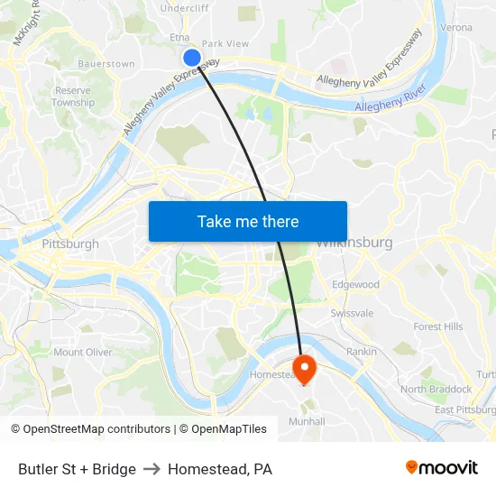 Butler St + Bridge to Homestead, PA map