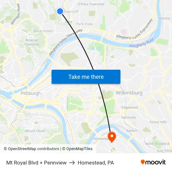 Mt Royal Blvd + Pennview to Homestead, PA map