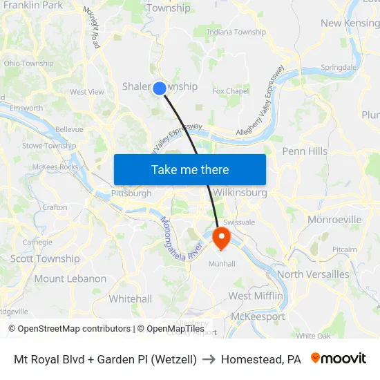 Mt Royal Blvd + Garden Pl (Wetzell) to Homestead, PA map