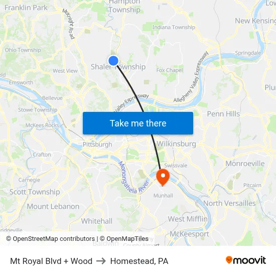 Mt Royal Blvd + Wood to Homestead, PA map