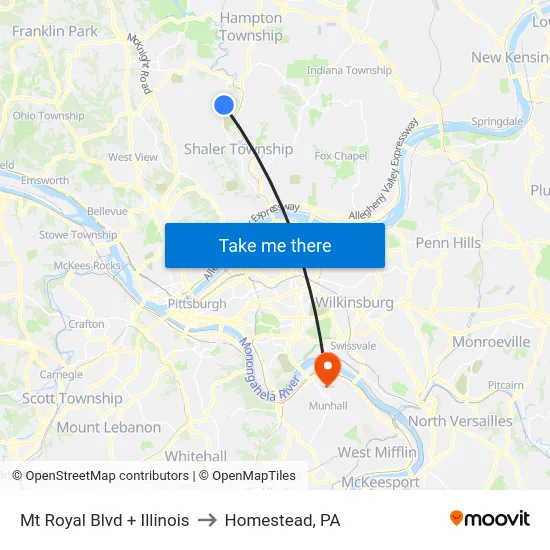 Mt Royal Blvd + Illinois to Homestead, PA map