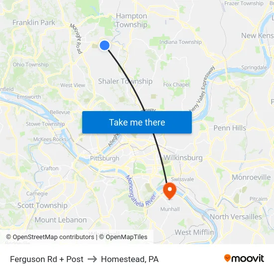 Ferguson Rd + Post to Homestead, PA map
