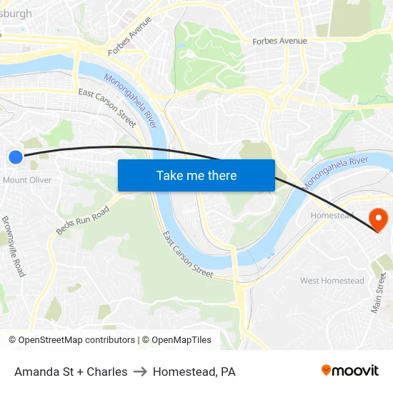 Amanda St + Charles to Homestead, PA map