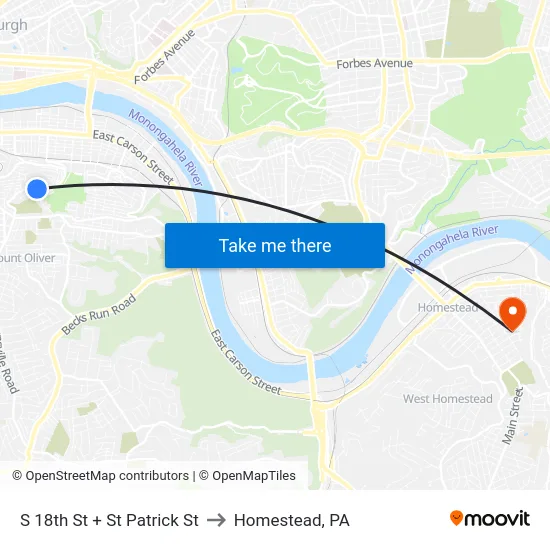 S 18th St + St Patrick St to Homestead, PA map