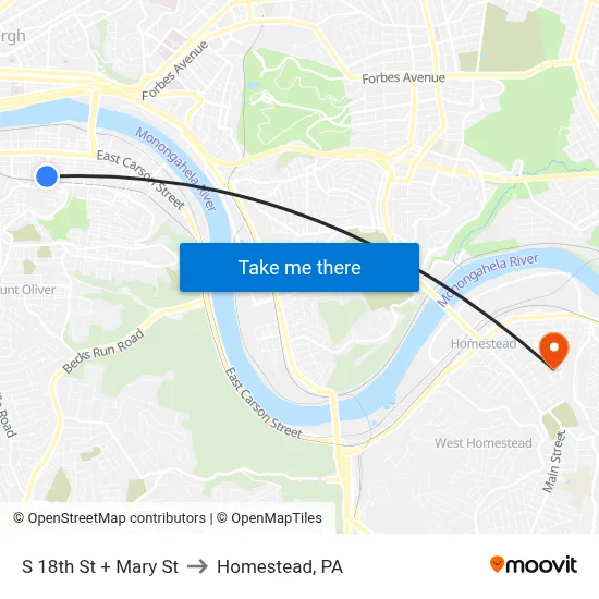 S 18th St + Mary St to Homestead, PA map