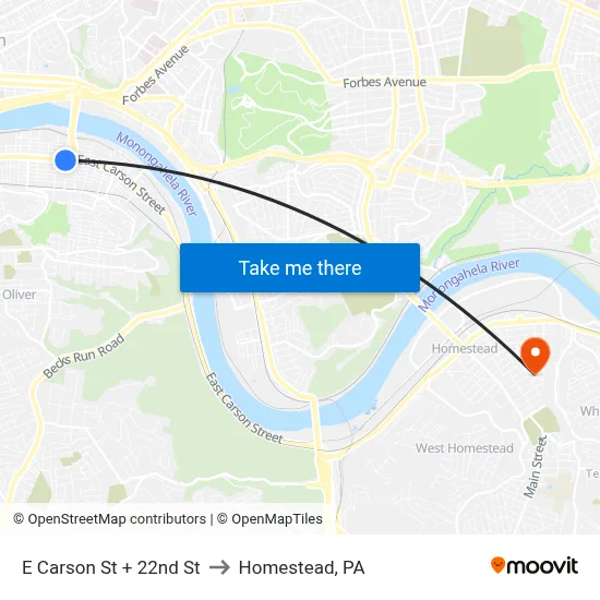 E Carson St + 22nd St to Homestead, PA map
