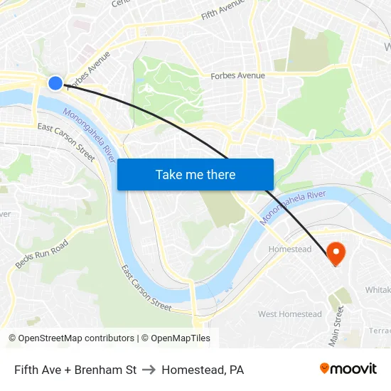 Fifth Ave + Brenham St to Homestead, PA map