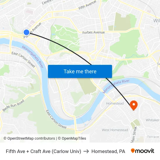 Fifth Ave + Craft Ave (Carlow Univ) to Homestead, PA map