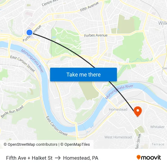 Fifth Ave + Halket St to Homestead, PA map